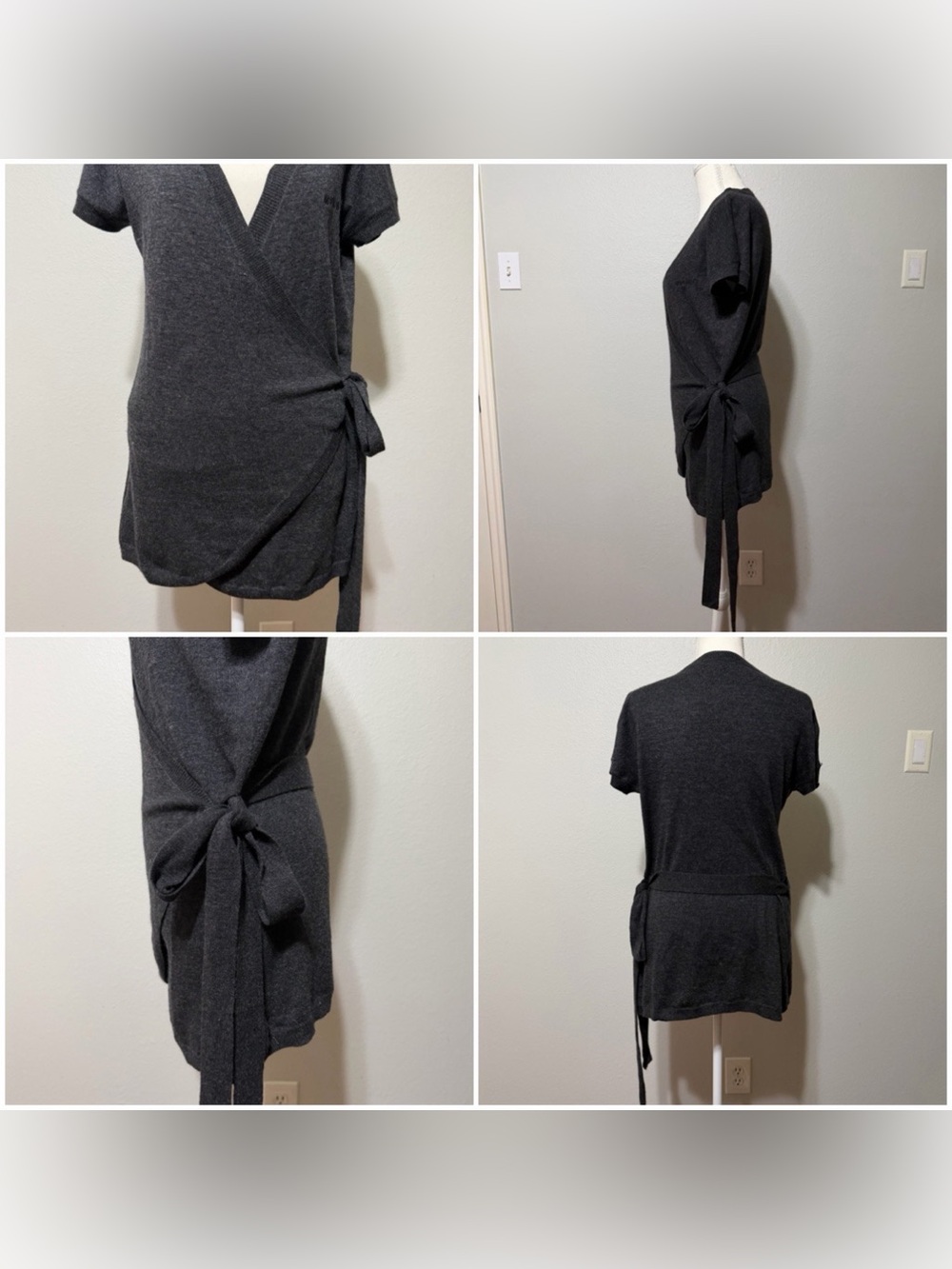 BCBGMaxAzria Charcoal Black Short-Sleeve Wrap Tunic with Side Tie - Picture 4 of 12
